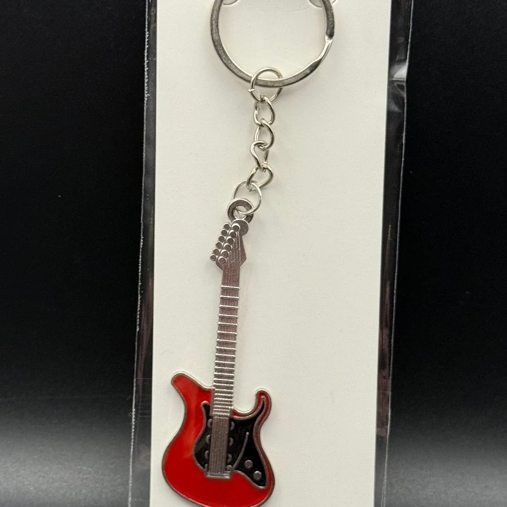 Red Electric‎ Guitar Keychain Silver Tone Metal Miniature Musical Instrument New